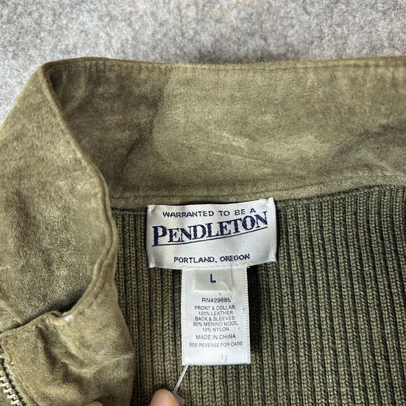 Pendleton Sweater Jacket Black Leather & Merino Wool Zip Front Women's L Olive - Picture 7 of 8